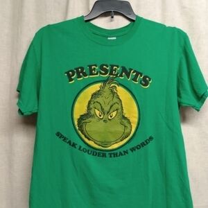 Gildan Grinch T-shirt, sz L, Green, ," Presents Speak Louder Than Words"…